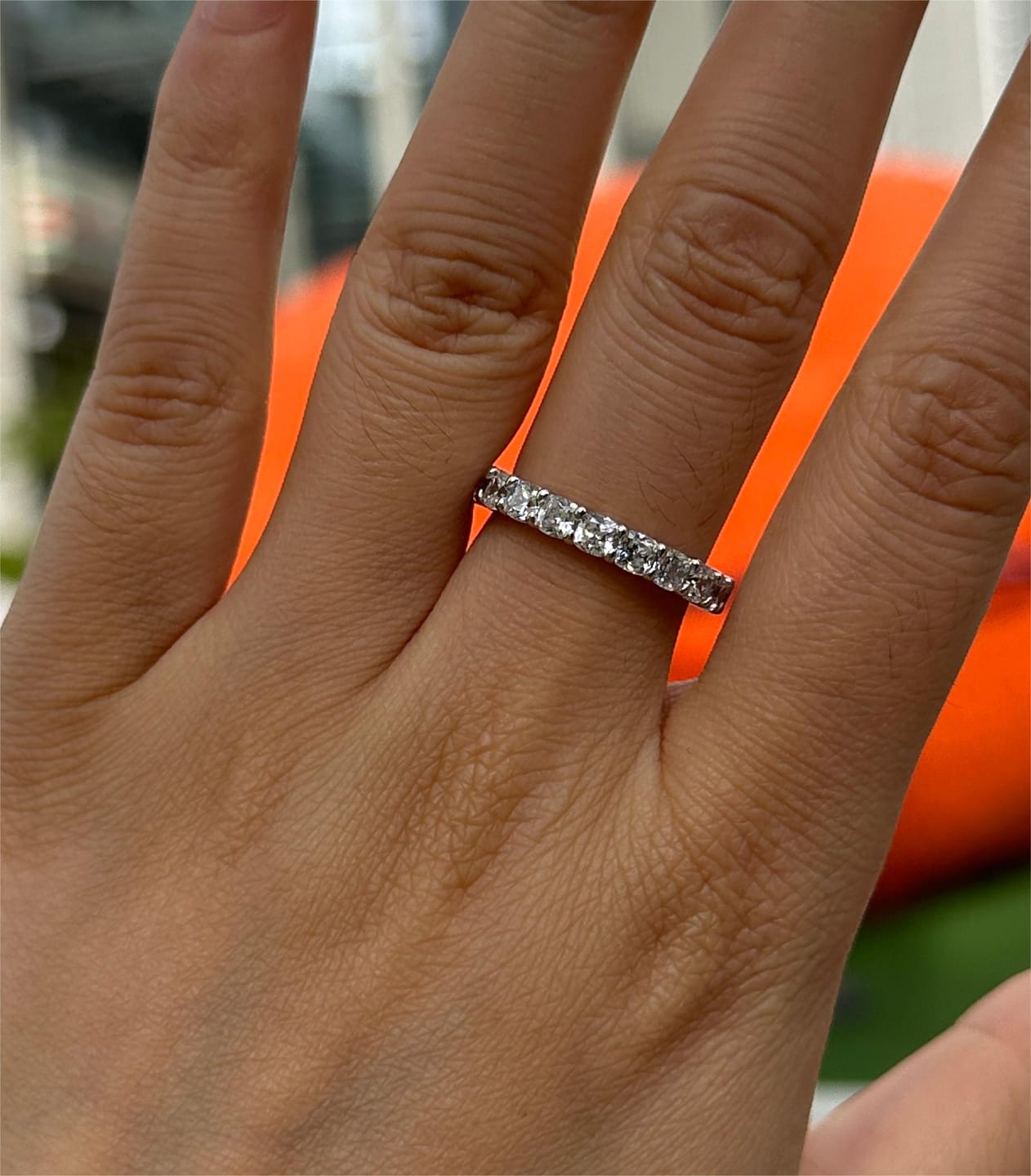 Customer photo review of S925 2.5 Carat Cushion Cut Women's Wedding Band In Sterling Silver Stackable Ring