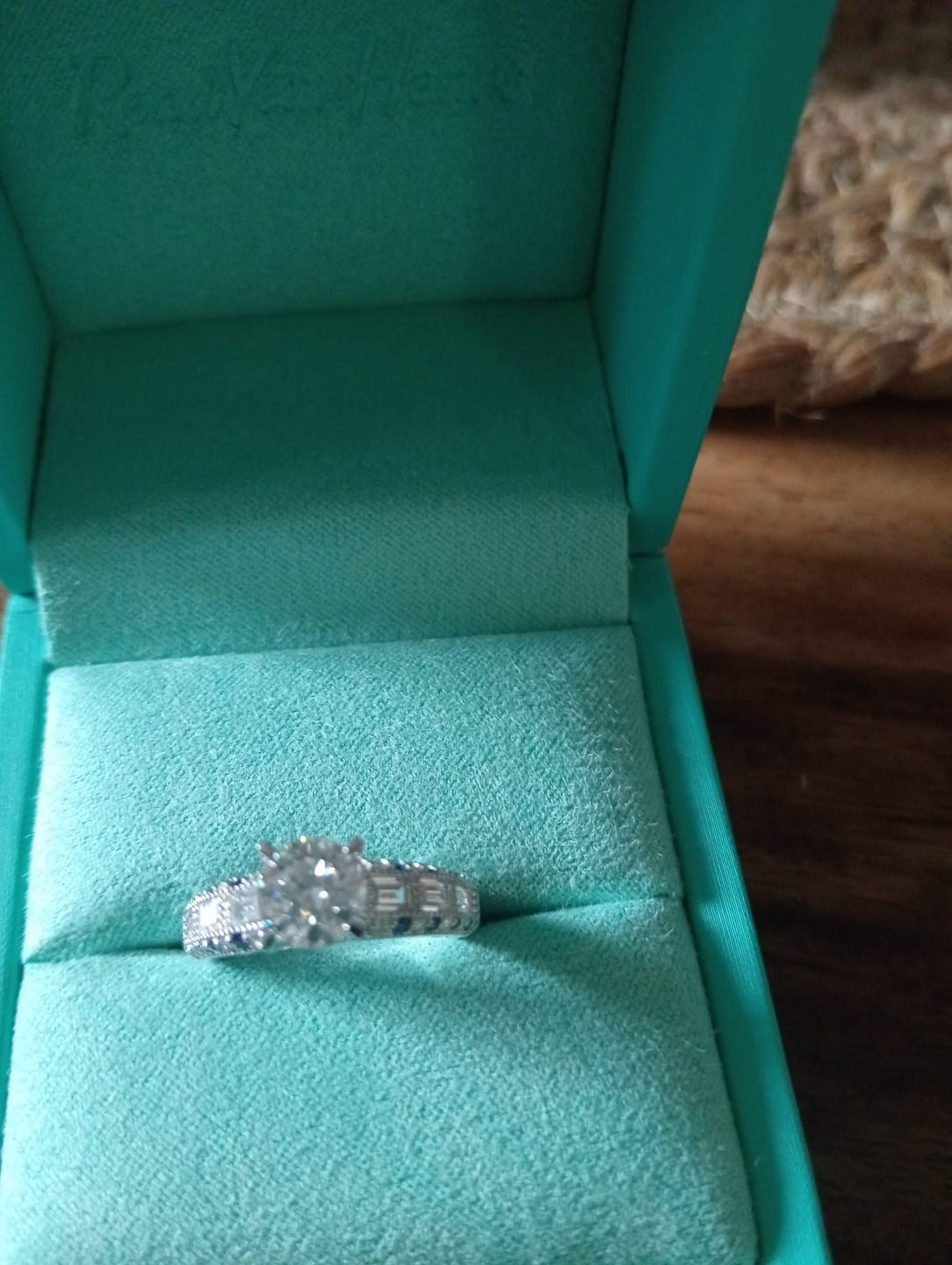 Customer photo review of Vintage Moissanite With Tapered Baguette Sapphire Milgrain Engagement Ring