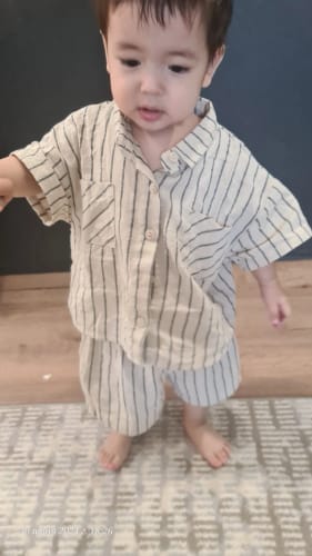 Customer photo review of Boys Striped Cotton Linen Shorts Set