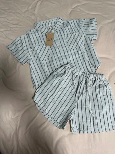Customer photo review of Boys Striped Cotton Linen Shorts Set