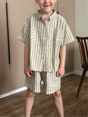 Customer photo review of Boys Striped Cotton Linen Shorts Set