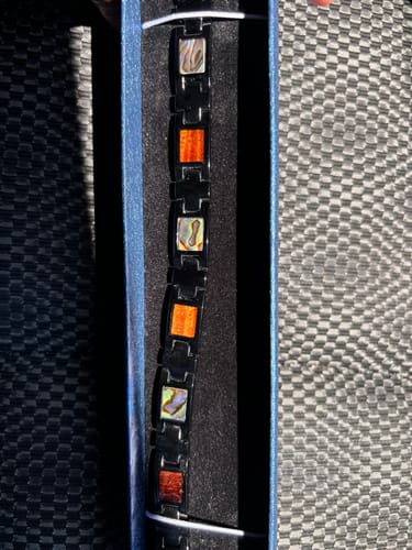 Customer photo review of Stainless Steel Black Iron Plated Koa Wood and Abalone Inlay Bracelet