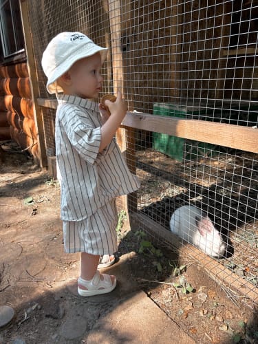 Customer photo review of Boys Striped Cotton Linen Shorts Set