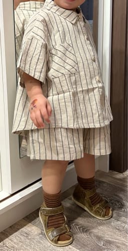 Customer photo review of Boys Striped Cotton Linen Shorts Set