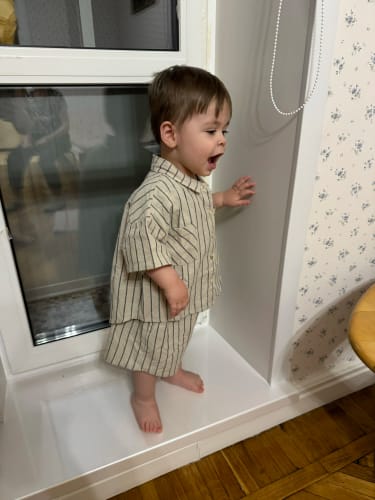 Customer photo review of Boys Striped Cotton Linen Shorts Set