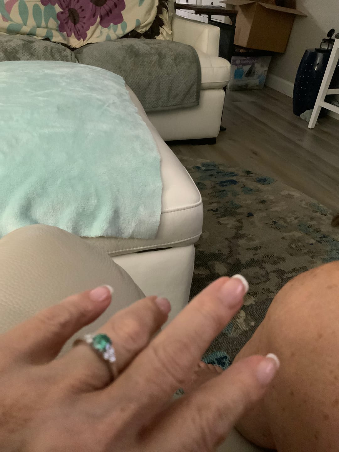 Customer photo review of Green Moissanite Side Stone Engagement Ring