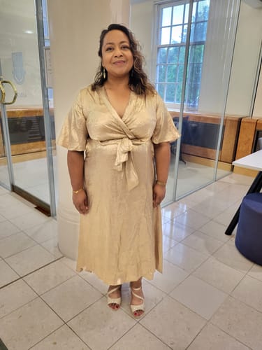 Customer photo review of Metallic Effect Wrap Maxi Dress, Gold