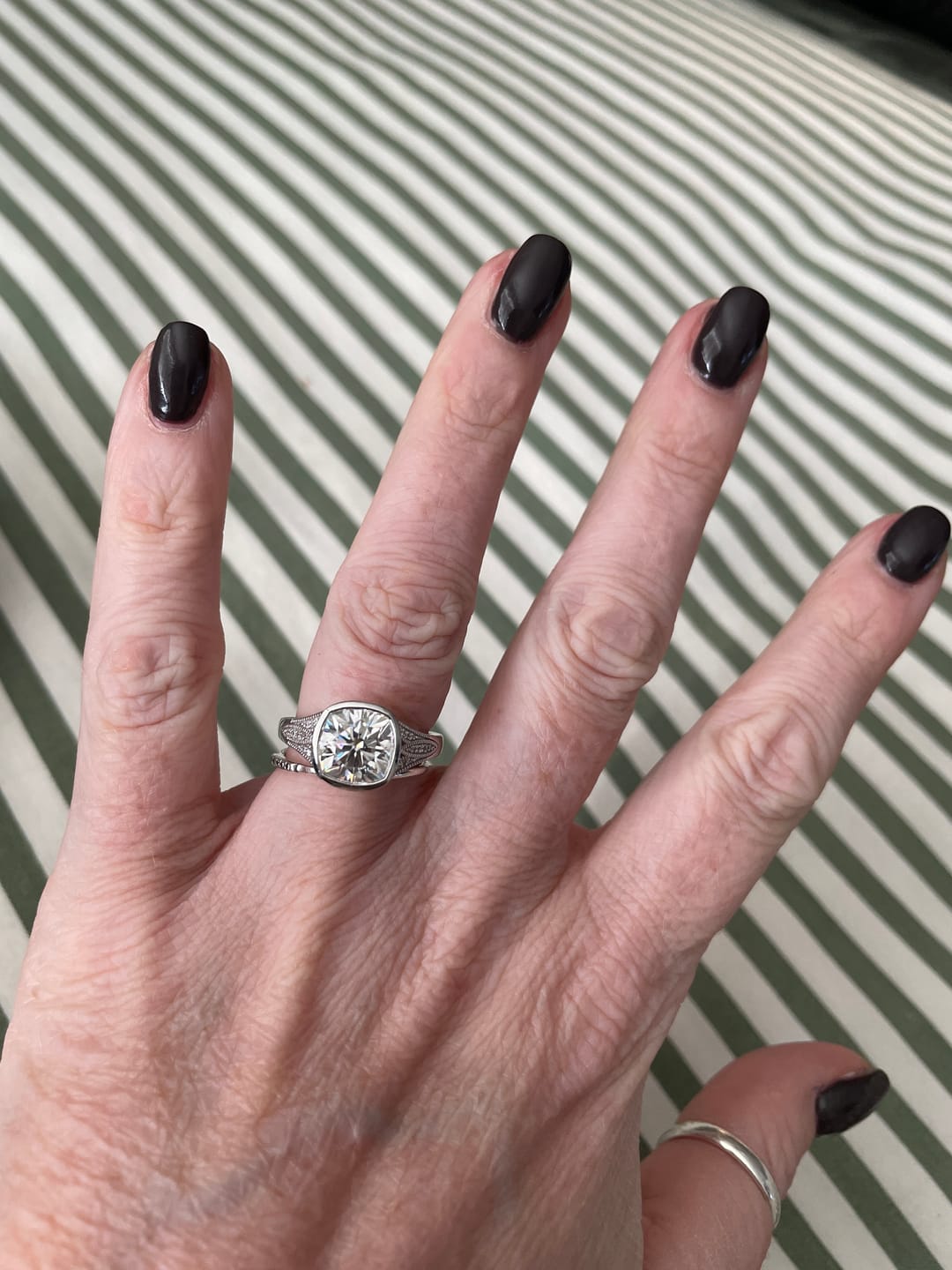 Customer photo review of Bezel Cushion Moissanite Filigree Pave Engagement Ring