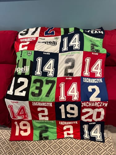 T-shirt quilt with sports, team activities themes by Dana from NJ