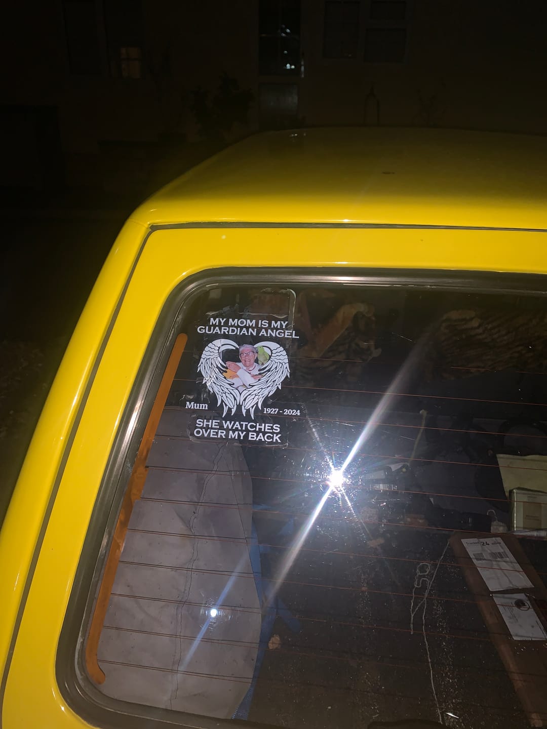 Customer photo review of Memorial Upload Photo Heart Wings, My Dad Mom Grandma Grandpa Is My Guardian Angel Personalized Decal