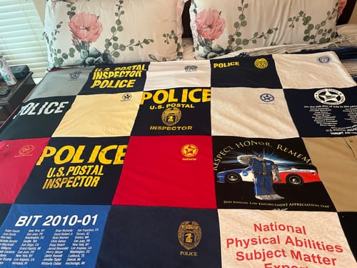 T-shirt quilt with law enforcement, public service themes by Sandra from NC