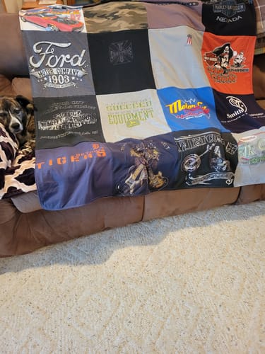 T-shirt quilt with automotive, outdoor activities themes by SHELLEY from MI