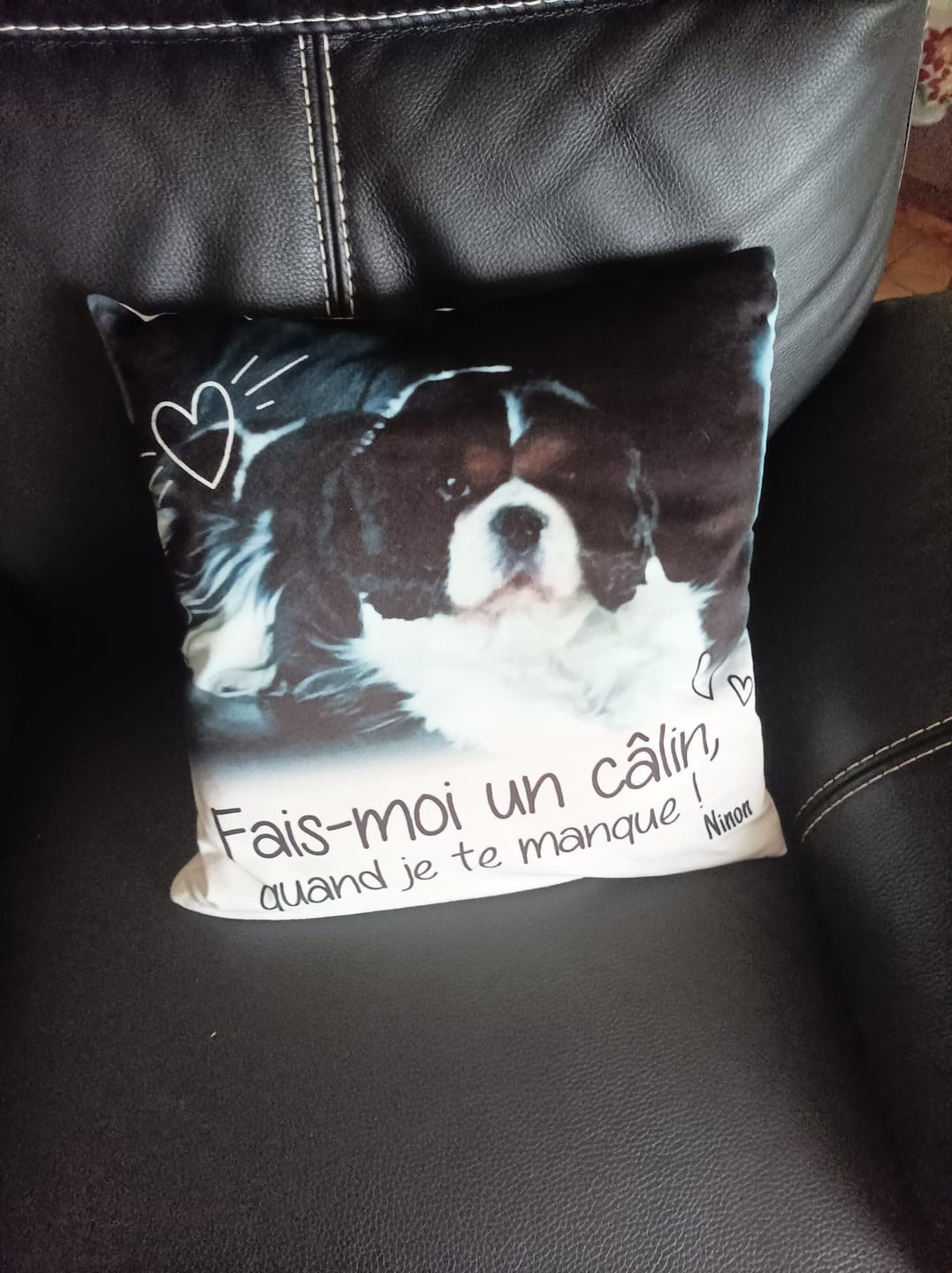 Customer photo review of Fais moi un câlin quand je te manque - Coussin personnalisé