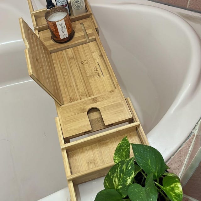 Customer photo review of Personalised Extendable Bath Caddy Tray with Wine Glass Holder
