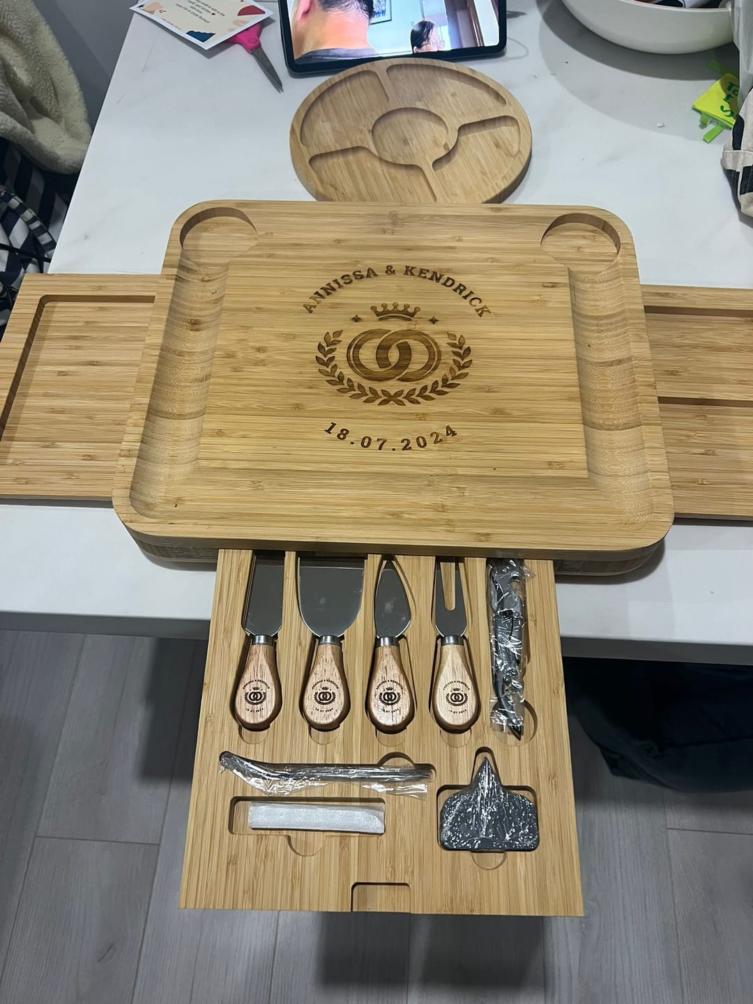 Customer photo review of Personalised Pull-Out Three-Drawer Cheese Board & Knife Tools Set with Fruit Tray