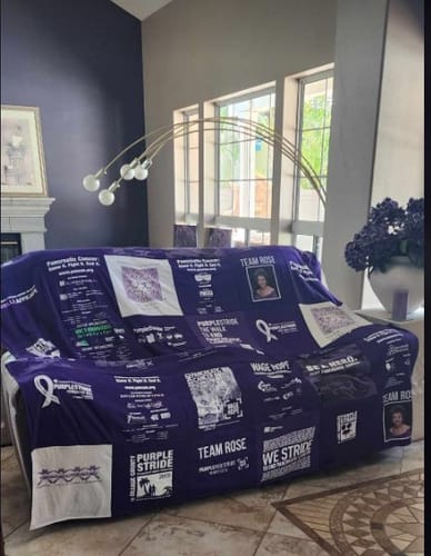 T-shirt quilt with breast cancer awareness, charity events themes by Pamela from CA