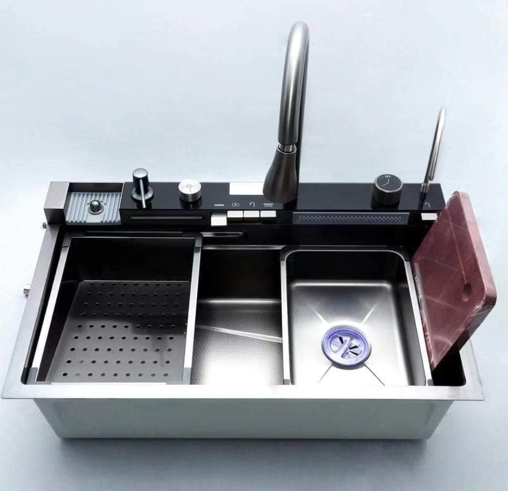 Customer photo review of Stainless Steel Kitchen Sink with Double Waterfall Design, Large Single Basin, Embossed Surface, and Ambient Light Digital Display
