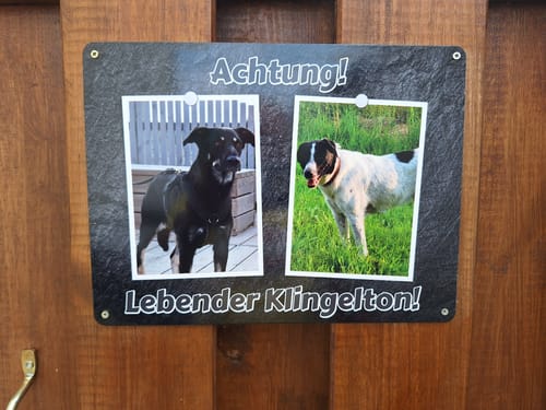 Customer photo review of Hunde-Türschild personalisiert mit Foto & Text (UV- und wetterfest)