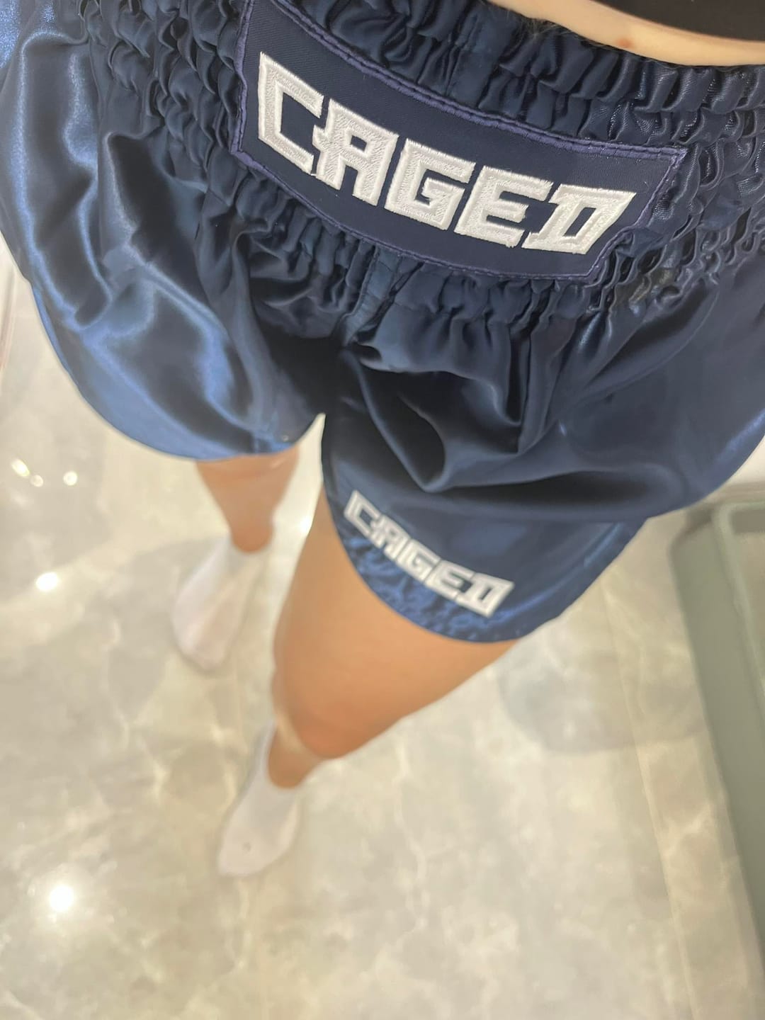 Customer photo review of Caged Muay Thai Shorts Classic - Navy Blauw/Wit