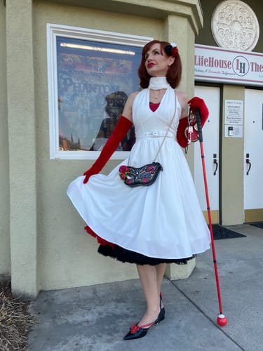 Customer photo review of Golden Era Swing Dress and Chiffon Scarf in Ivory - Vixen by Micheline Pitt