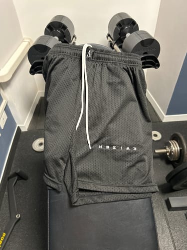 Customer photo review of LEG-DAY SHORTS - REVERSE SCRIPT BLACK