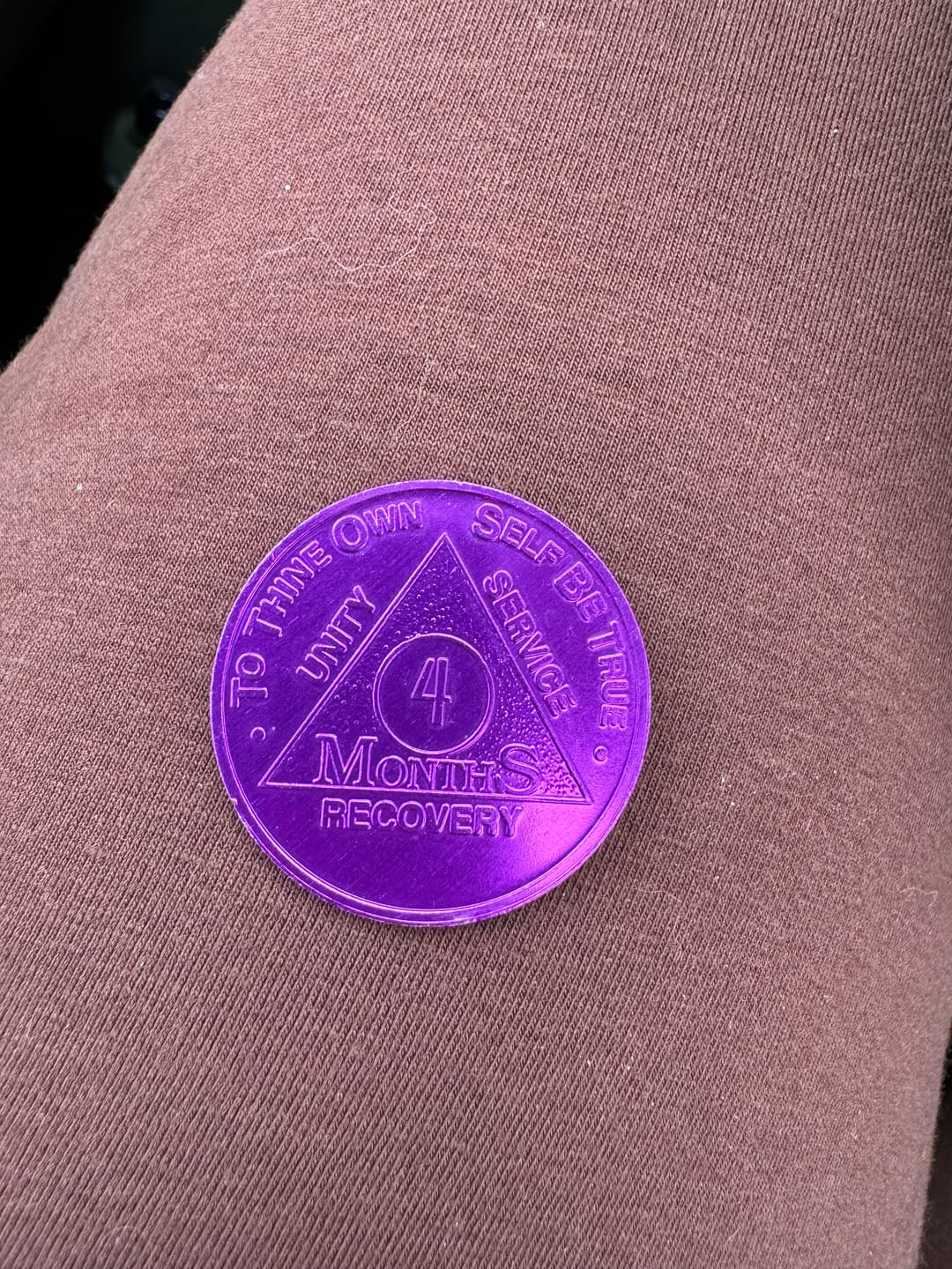 Customer photo review of Sobriety Mint Infinity Aluminum AA Meeting Newcomer Sobriety Chips/Coins/Tokens - 4 Months - Purple