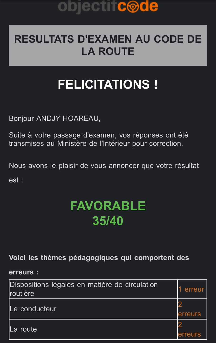 Customer photo review of ENTRAÎNEMENT AU CODE DE LA ROUTE POUR 20€