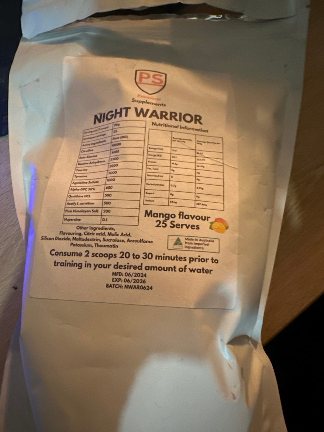 Customer photo review of Night warrior Caffeine-free Pre-workout