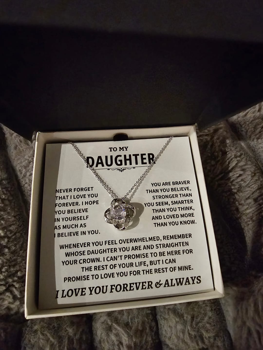 Customer photo review of Beautiful Daughter Gift, "Never Forget That I Love You" Love Knot Necklace
