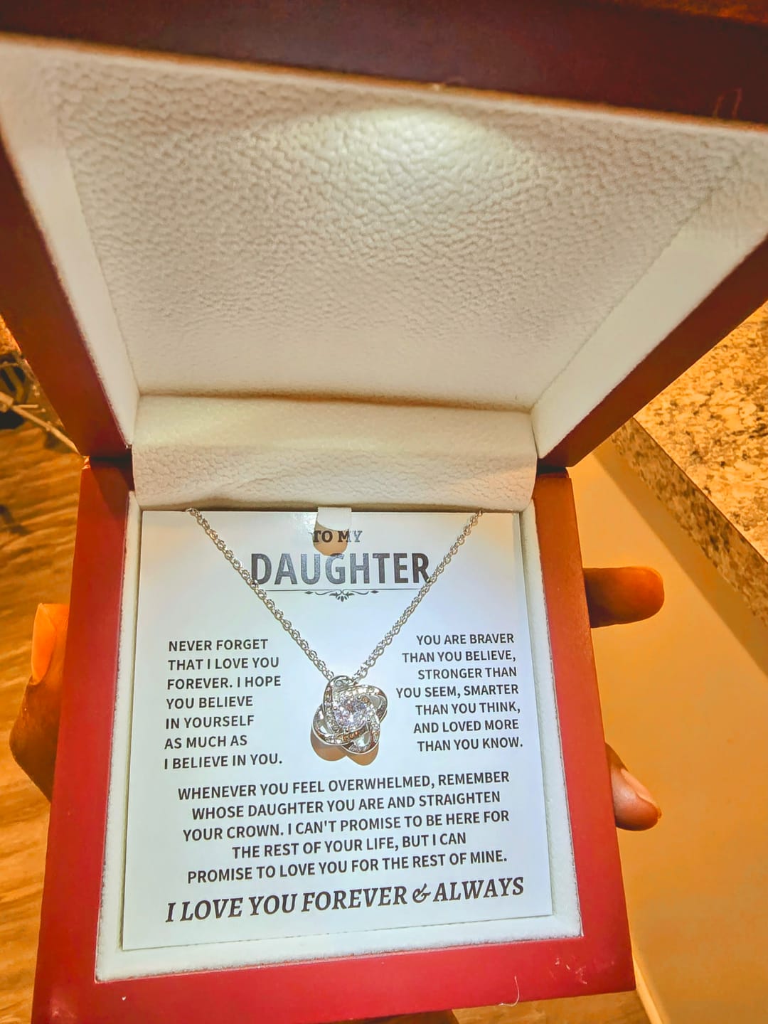 Customer photo review of Beautiful Daughter Gift, "Never Forget That I Love You" Love Knot Necklace