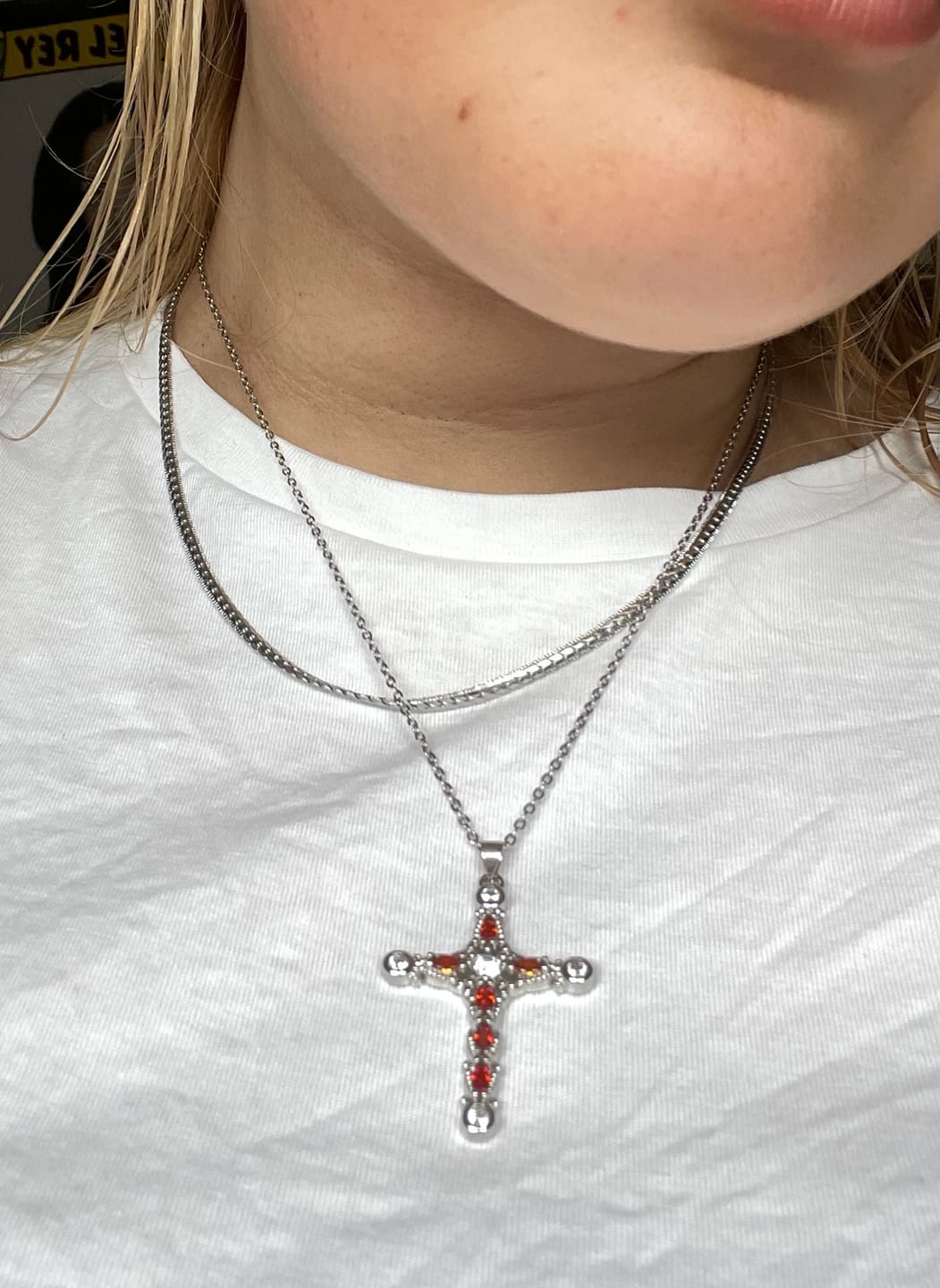 Customer photo review of Azura - Crystal Cross Necklace Silver