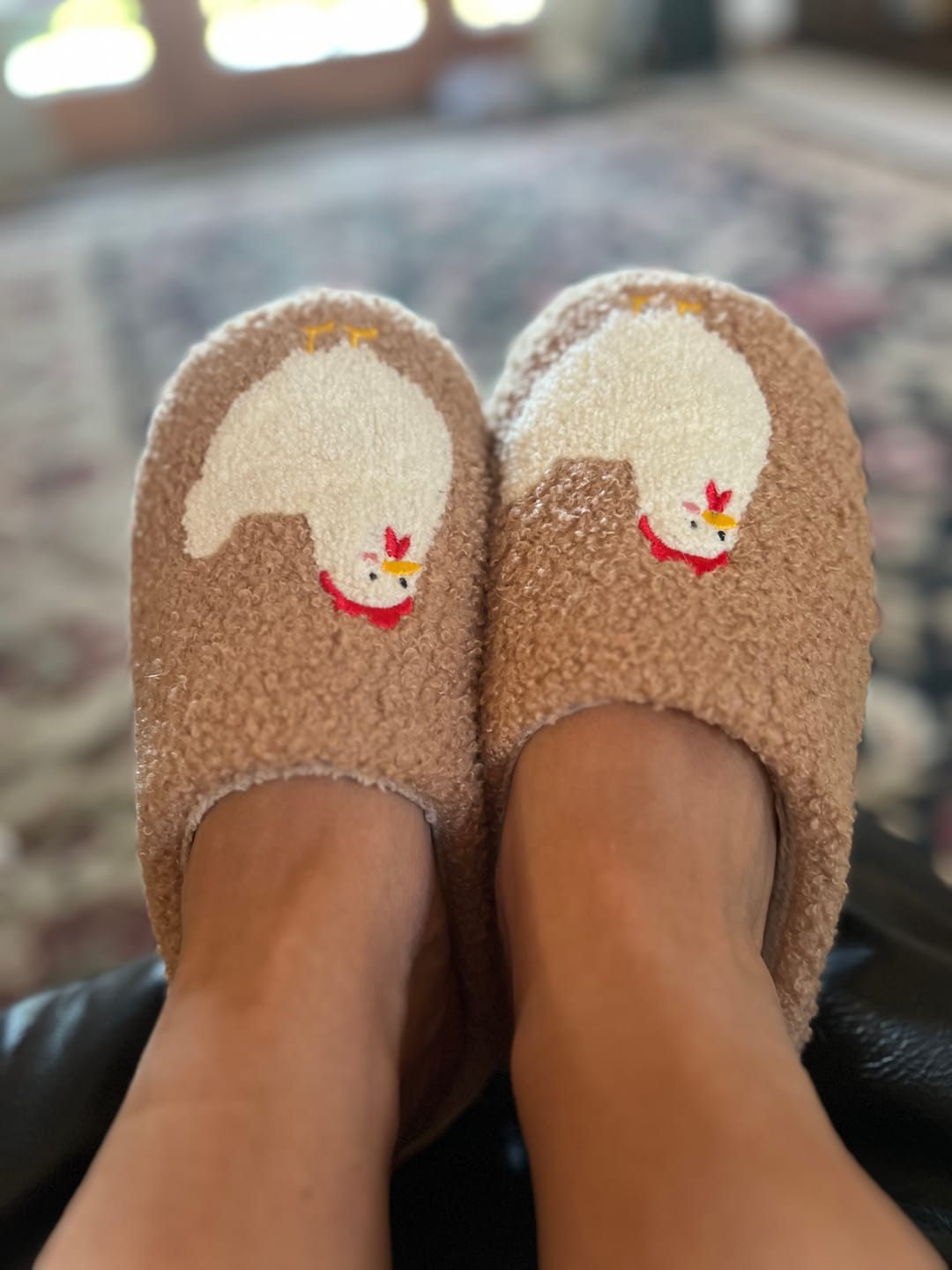 Customer photo review of Brown Fuzzy Chicken Slippers - Adult