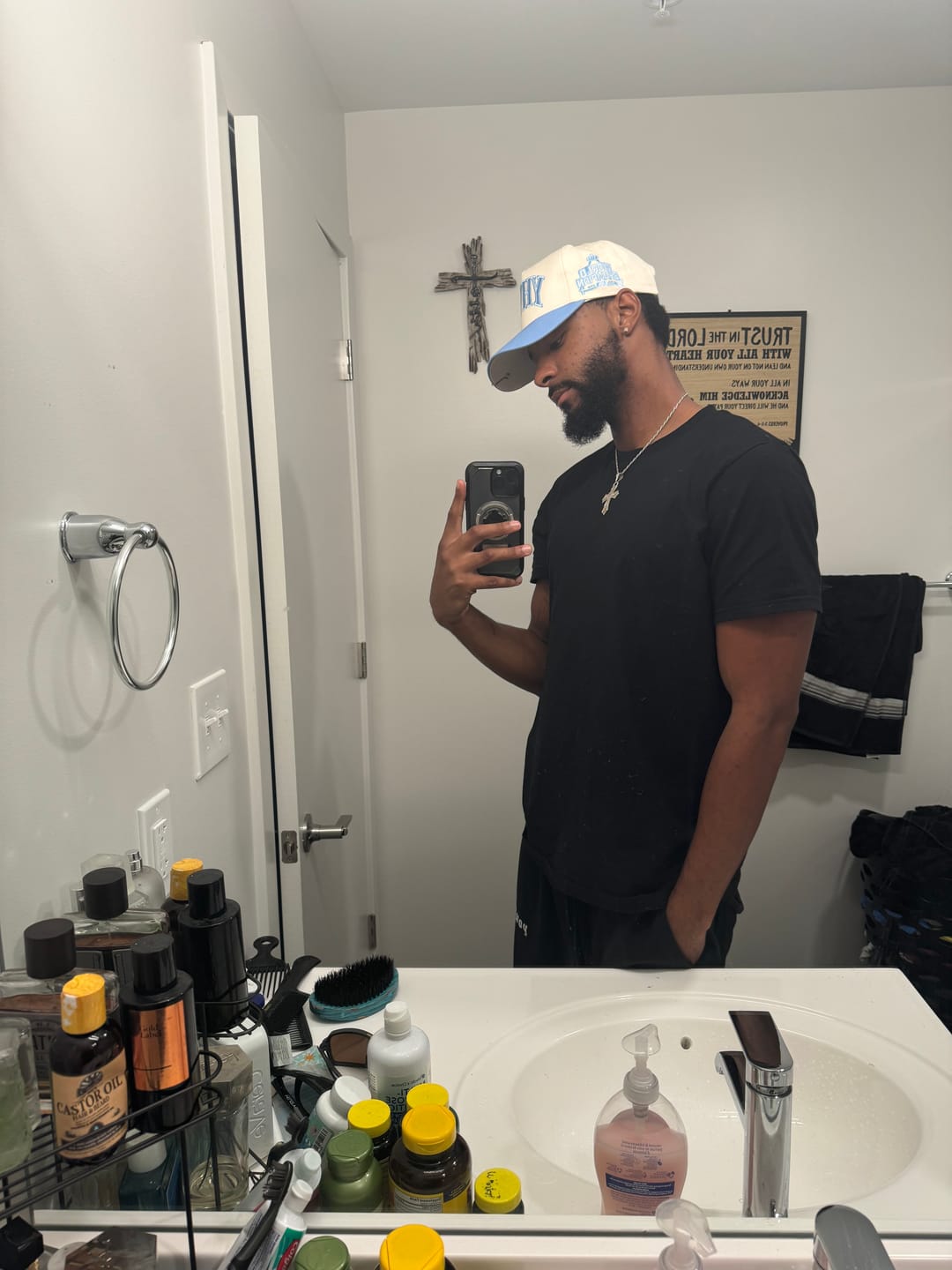 Customer photo review of ‘YHWH’ Structured SnapBack - Cream/Baby Blue