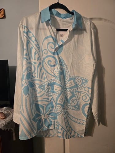 Customer photo review of Polynesia Long Sleeve Button Shirt Plumeria Turquoise Curves LT7