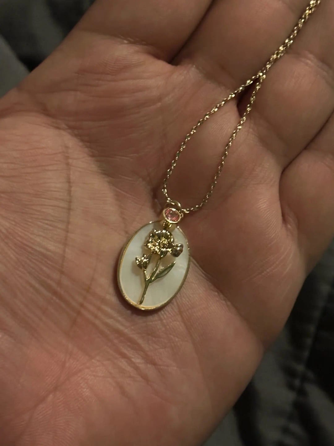 Customer photo review of Birth Flower Necklace with Birthstone '18k Gold Plated'