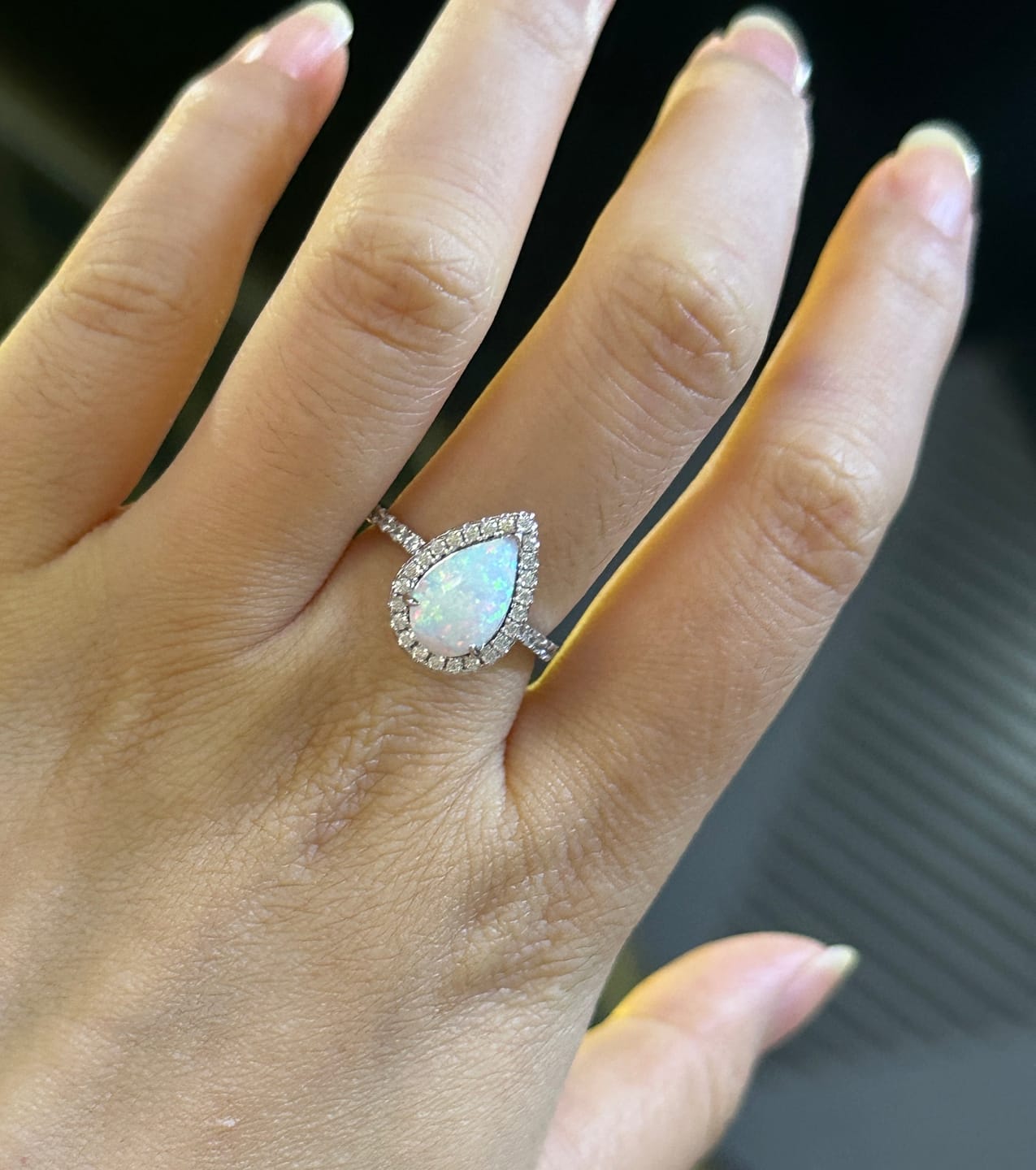 Customer photo review of Louily Opal Stone Pear Cut Engagement Ring In Sterling Silver