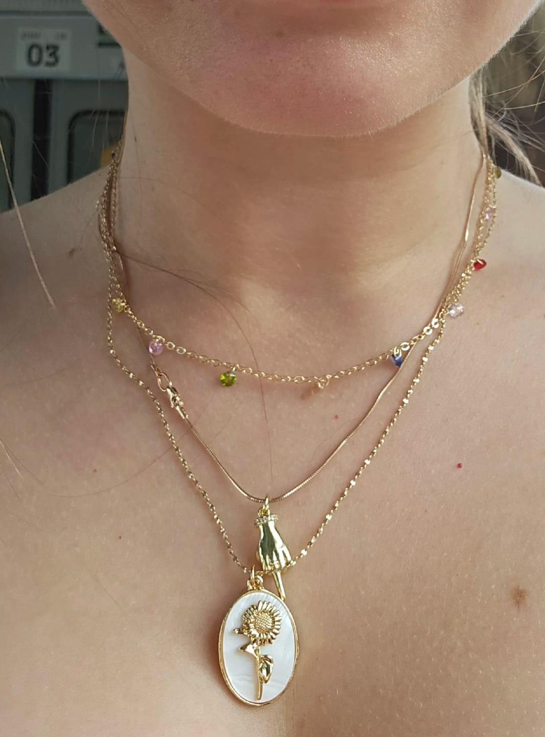 Customer photo review of Birth Flower Necklace with Birthstone '18k Gold Plated'