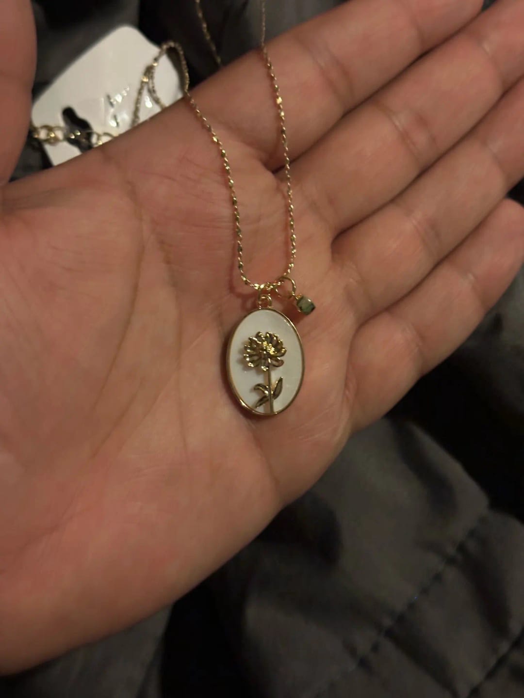 Customer photo review of Birth Flower Necklace with Birthstone '18k Gold Plated'