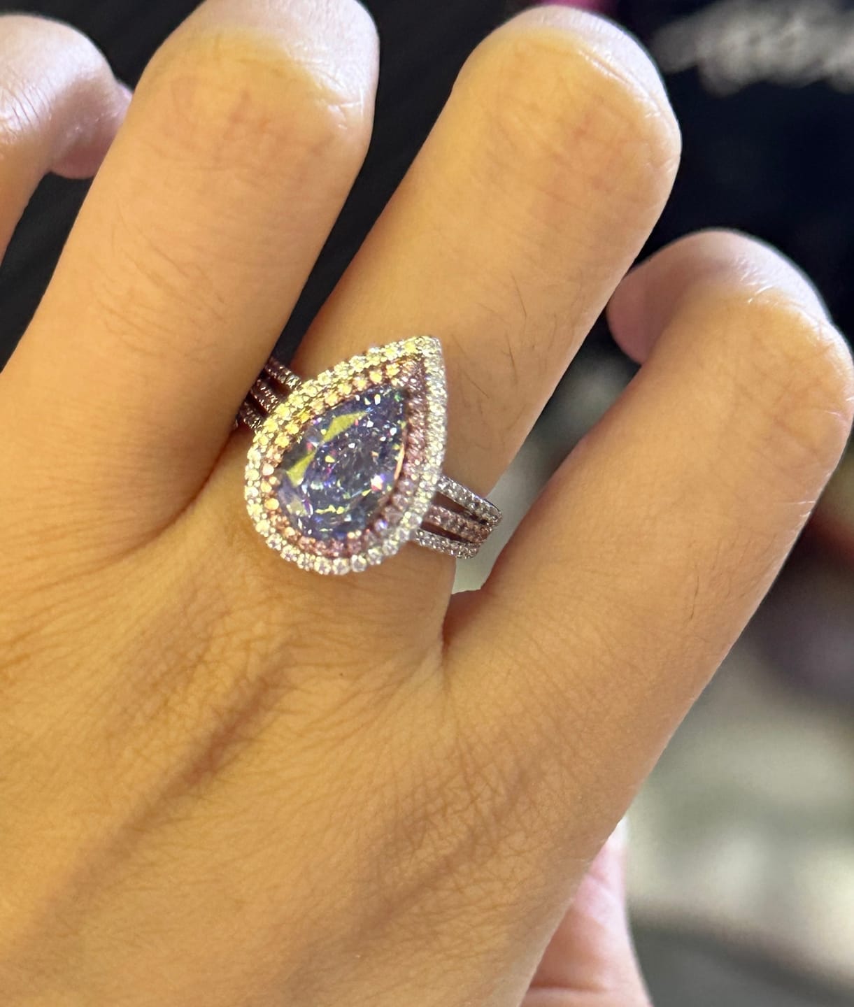 Customer photo review of Louily Luxurious Double Halo Pear Cut Aquamarine Blue/Purple Engagement Ring In Sterling Silver