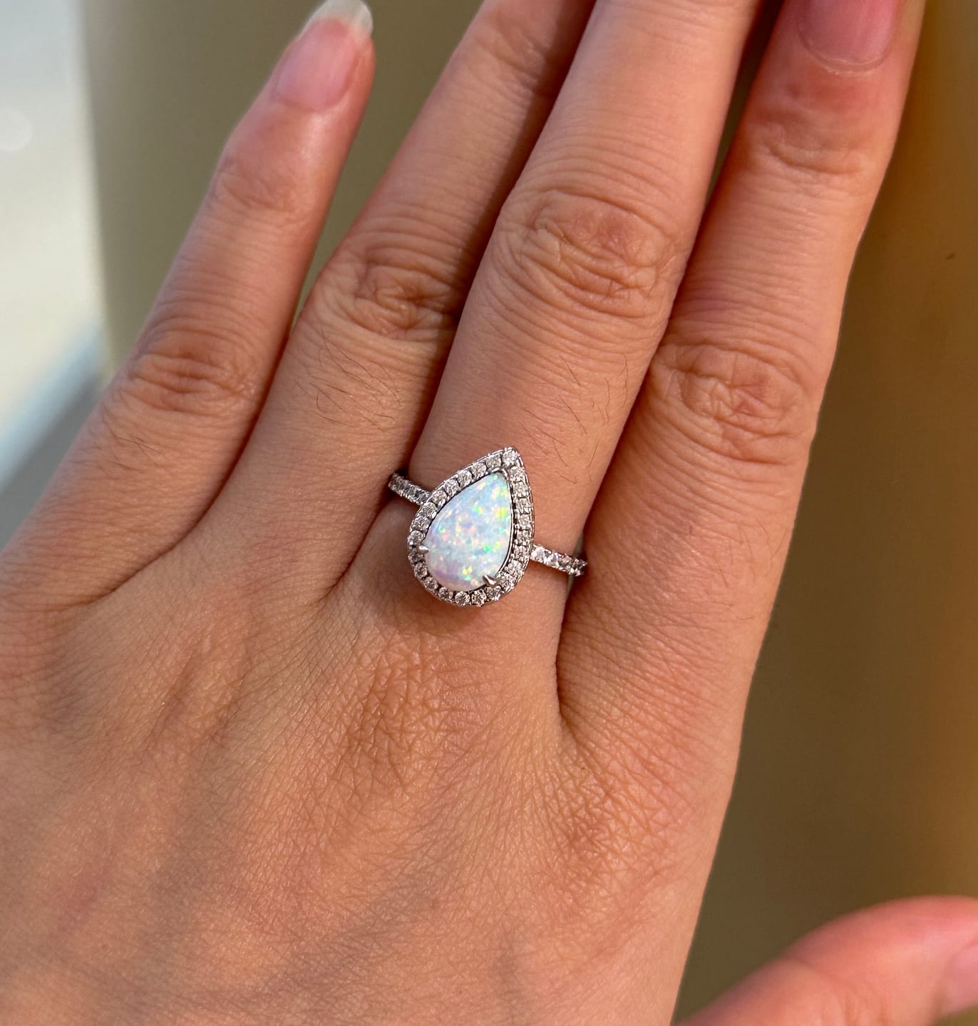 Customer photo review of Louily Opal Stone Pear Cut Engagement Ring In Sterling Silver