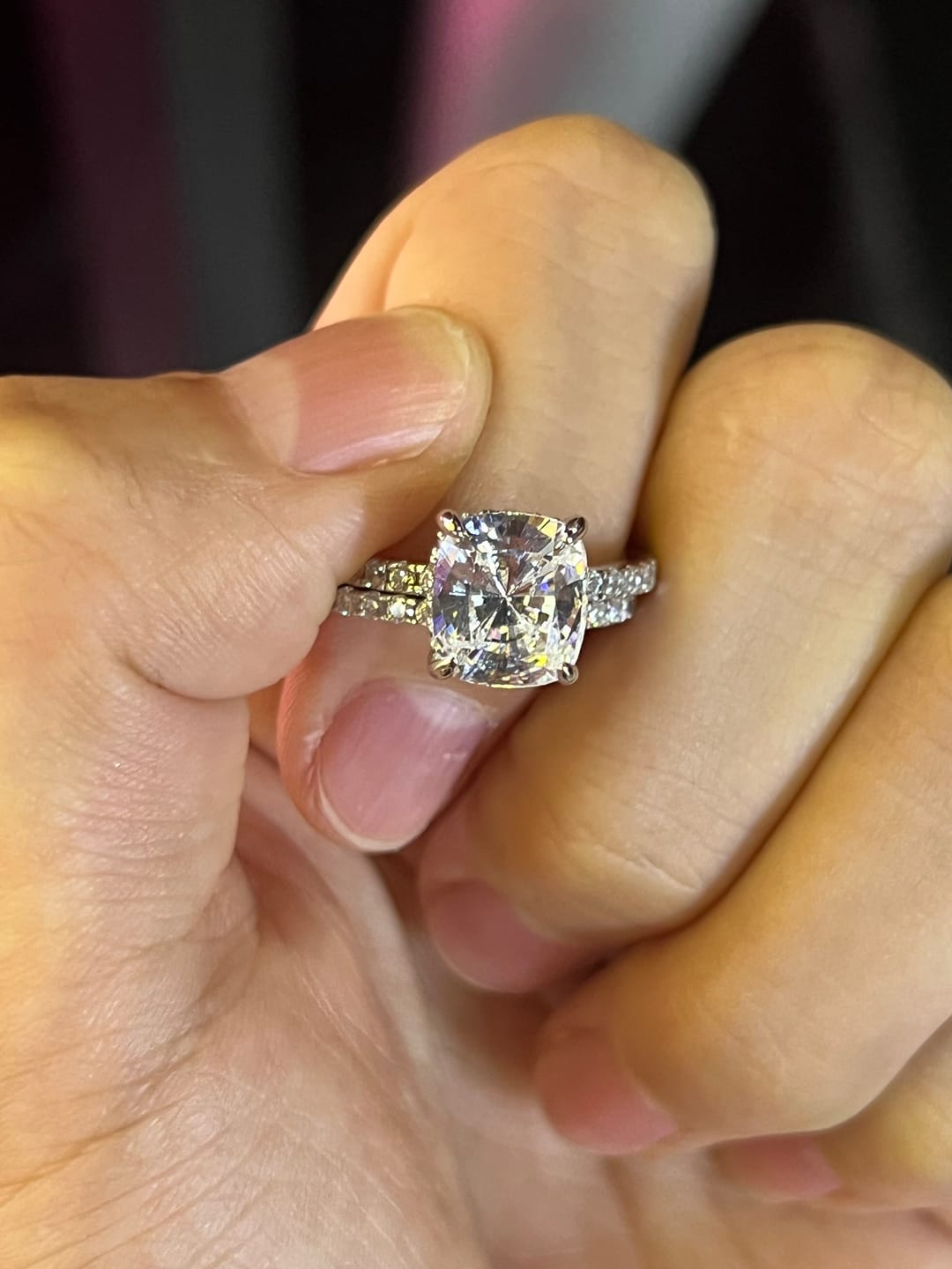 Customer photo review of S925 Classic 3.0 Carat Cushion Cut White Sapphire Wedding Set In Sterling Silver