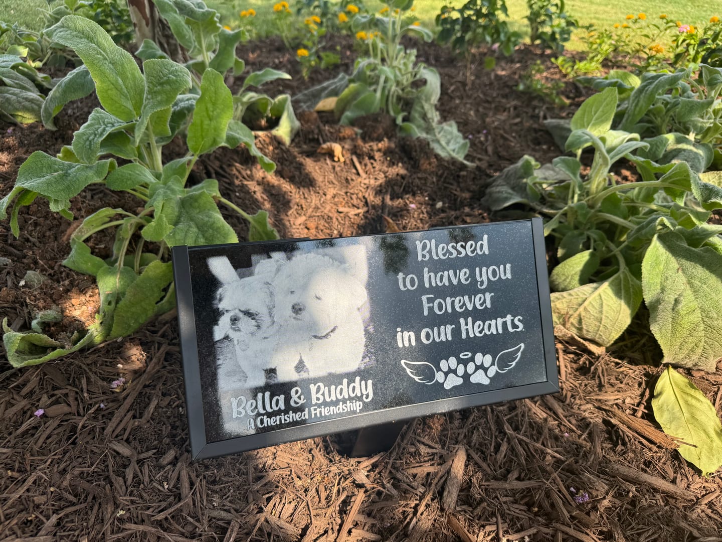 Customer photo review of Personalized 12x6 Black Granite Pet Memorial Plaque with Ground Stake