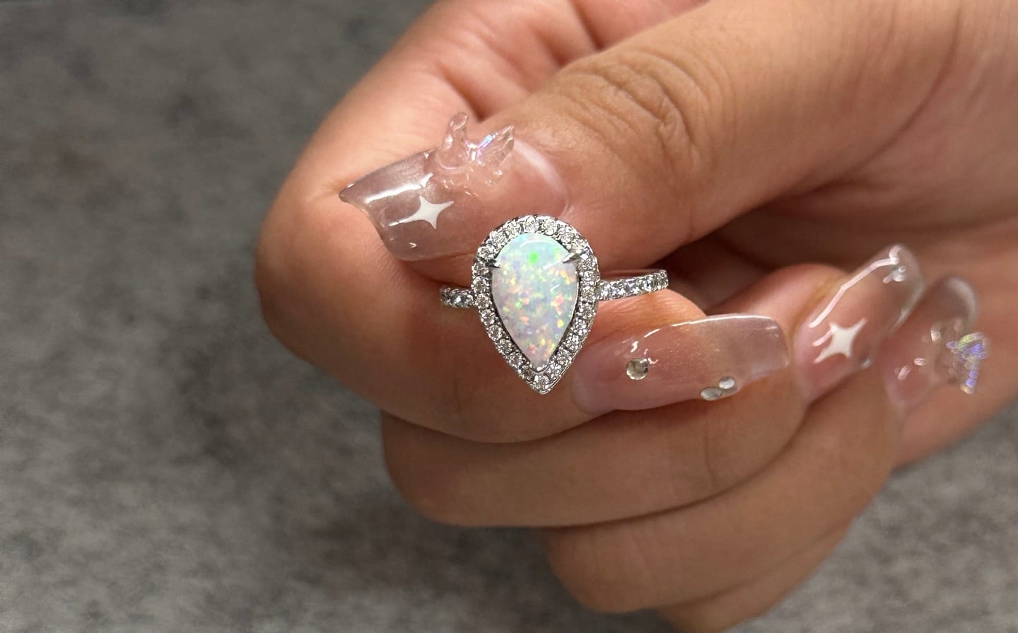 Customer photo review of Louily Opal Stone Pear Cut Engagement Ring In Sterling Silver