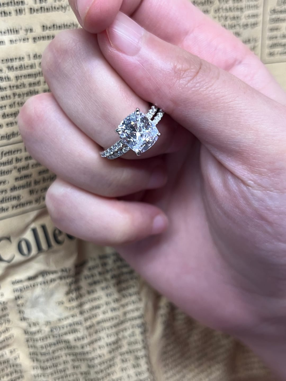 Customer photo review of S925 Classic 3.0 Carat Cushion Cut White Sapphire Wedding Set In Sterling Silver