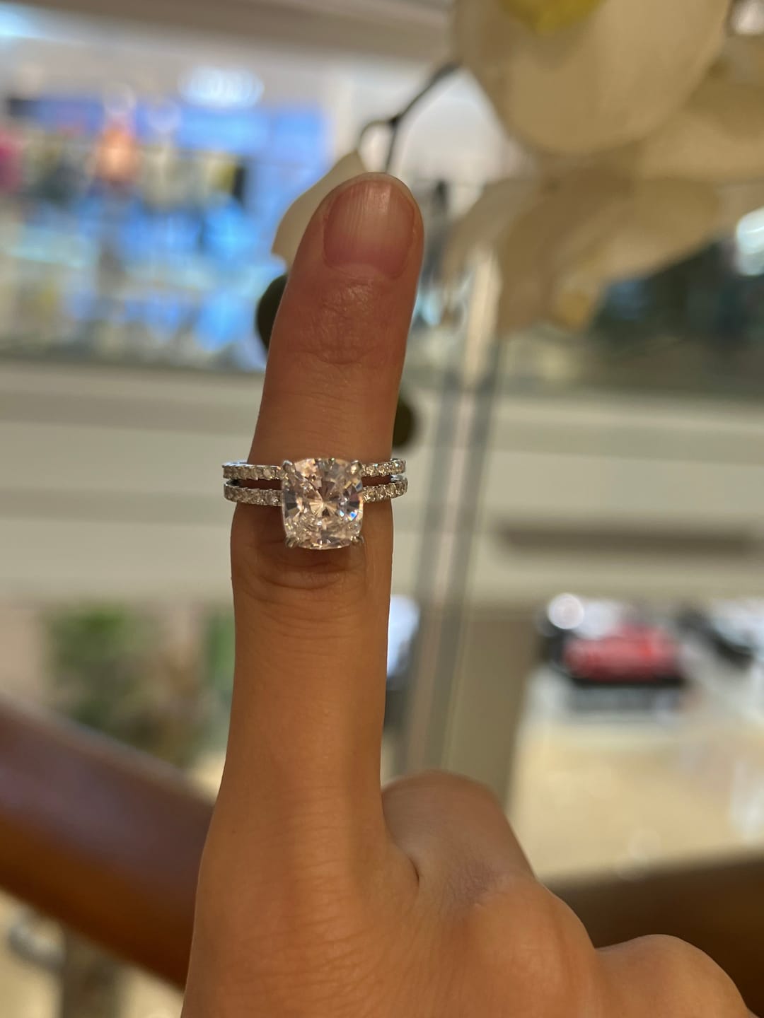 Customer photo review of S925 Classic 3.0 Carat Cushion Cut White Sapphire Wedding Set In Sterling Silver