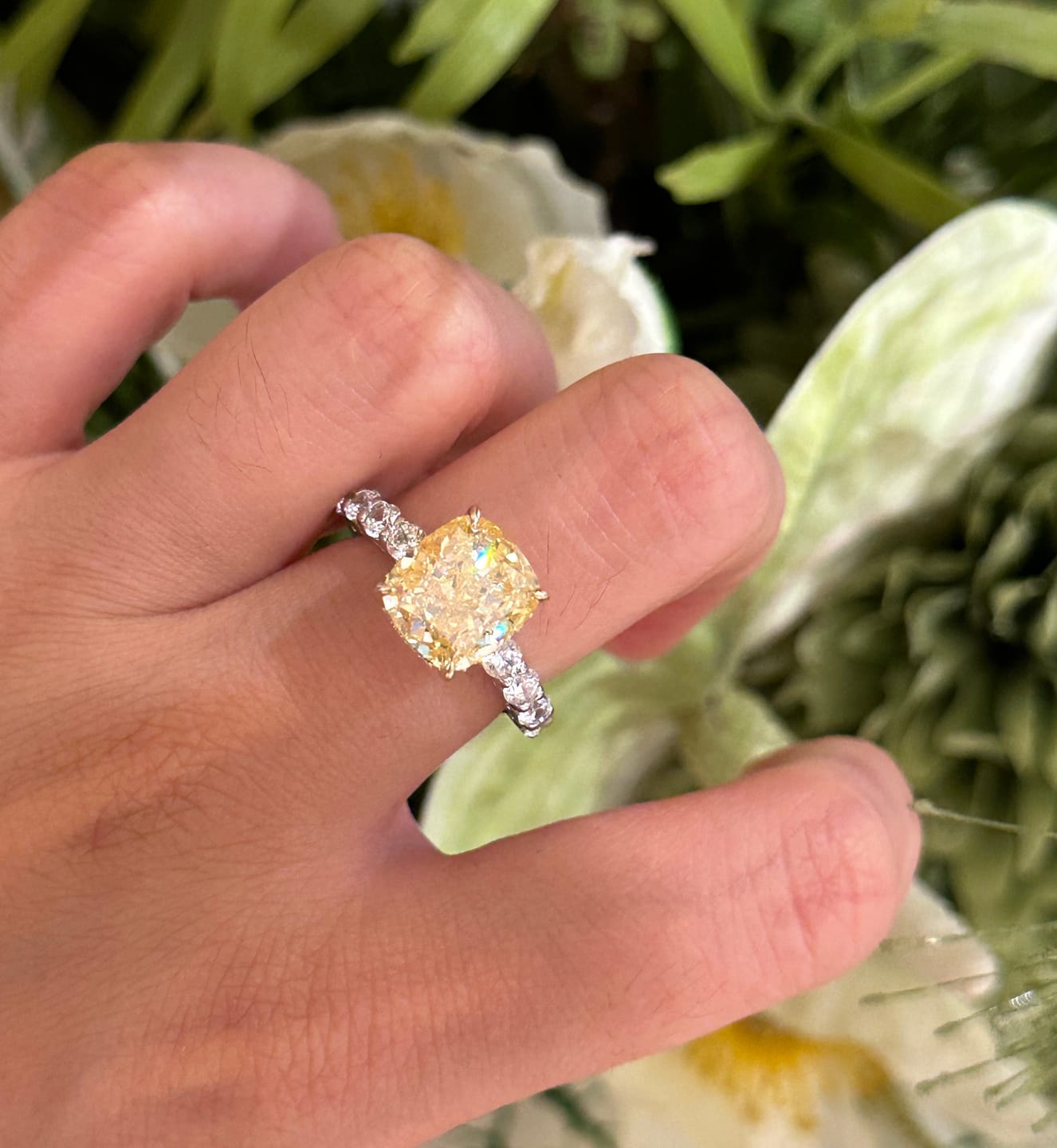 Customer photo review of Louily Stunning Two-tone Cushion Cut Yellow Sapphire Engagement Ring