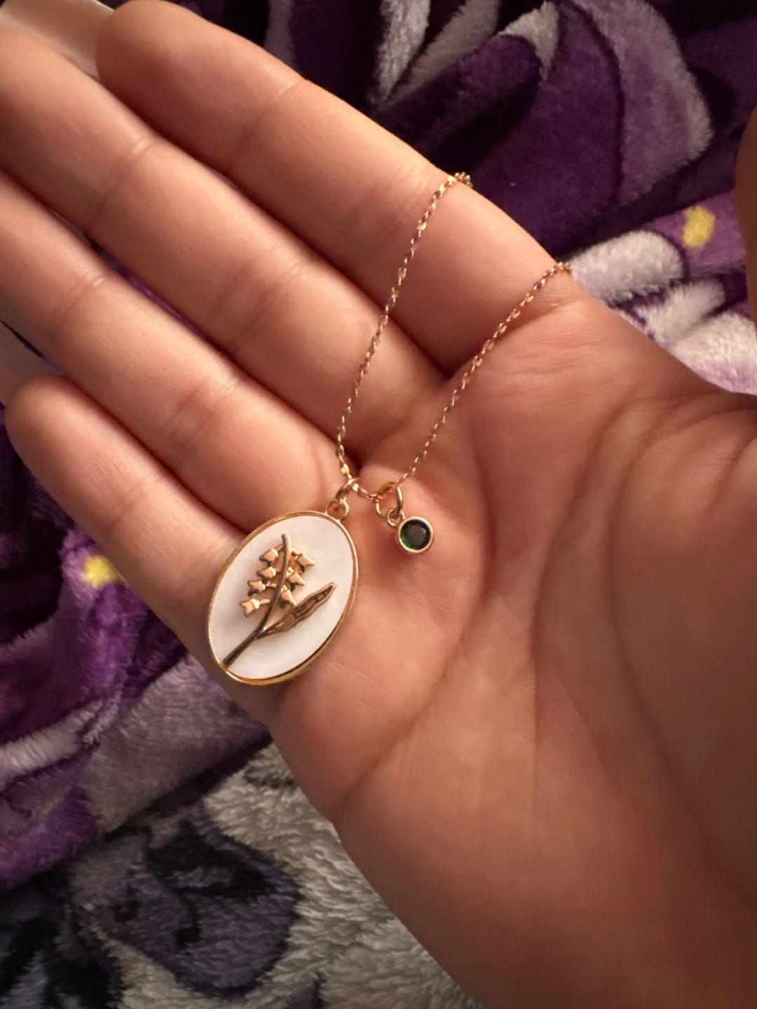 Customer photo review of Birth Flower Necklace with Birthstone '18k Gold Plated'