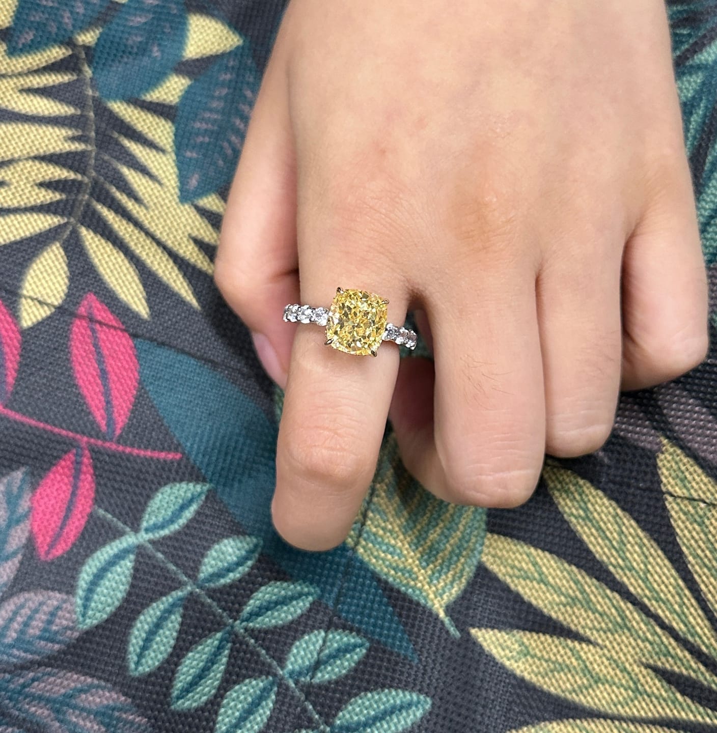 Customer photo review of Louily Stunning Two-tone Cushion Cut Yellow Sapphire Engagement Ring