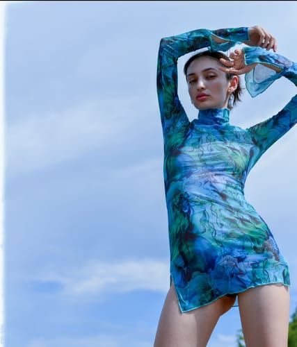 Customer photo review of Sheer mesh see through print high neck slit long sleeve mini dress