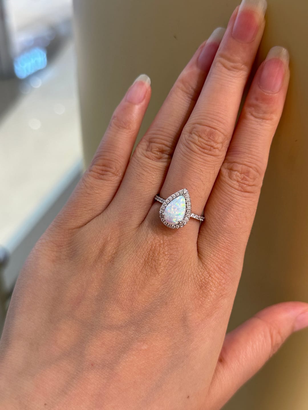 Customer photo review of Louily Opal Stone Pear Cut Engagement Ring In Sterling Silver